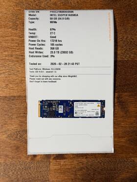 Ssdpek1a058ga Intel Ssdpek1w060ga Optane M.2 58gb Nvme Ssd - 17218 Hours 105 Cycles