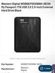 Western Digital My Passport 1TB External Hard Drive WDBBEP0010BBK. Fixed Price $50.00.